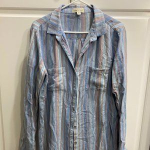 Cloth & Stone Anthropologie Shirt Button Down Top Striped Fringe Hem Large L